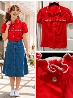 Vintage 80s Red Ruffle Gingham Trim Puff Sleeve Blouse | Cotton Prairie Top S